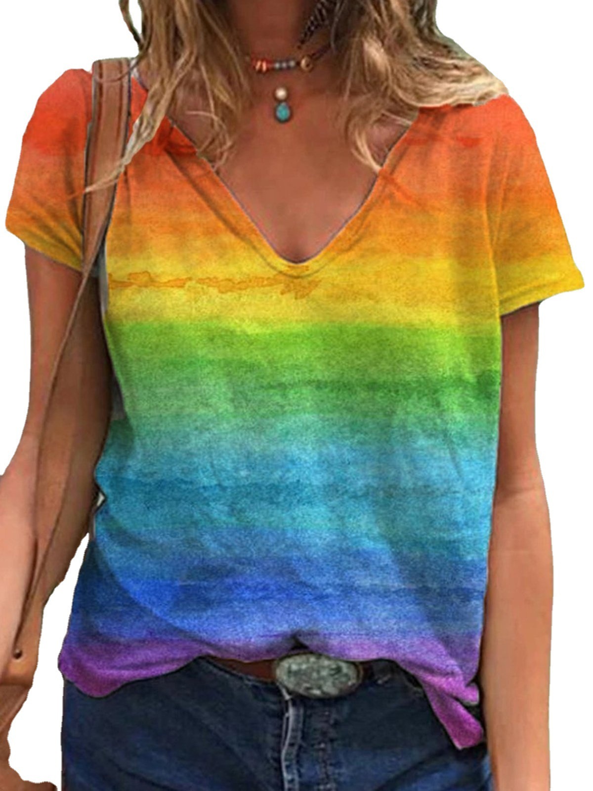 T-shirt Femme Col En V - Loisirs - Couleur Unie - Manches Courtes - Coupe Ample - 2025