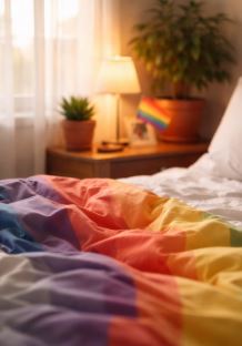 Warm, sunlit bedroom with colorful bedding and a cozy inclusive atmosphere
