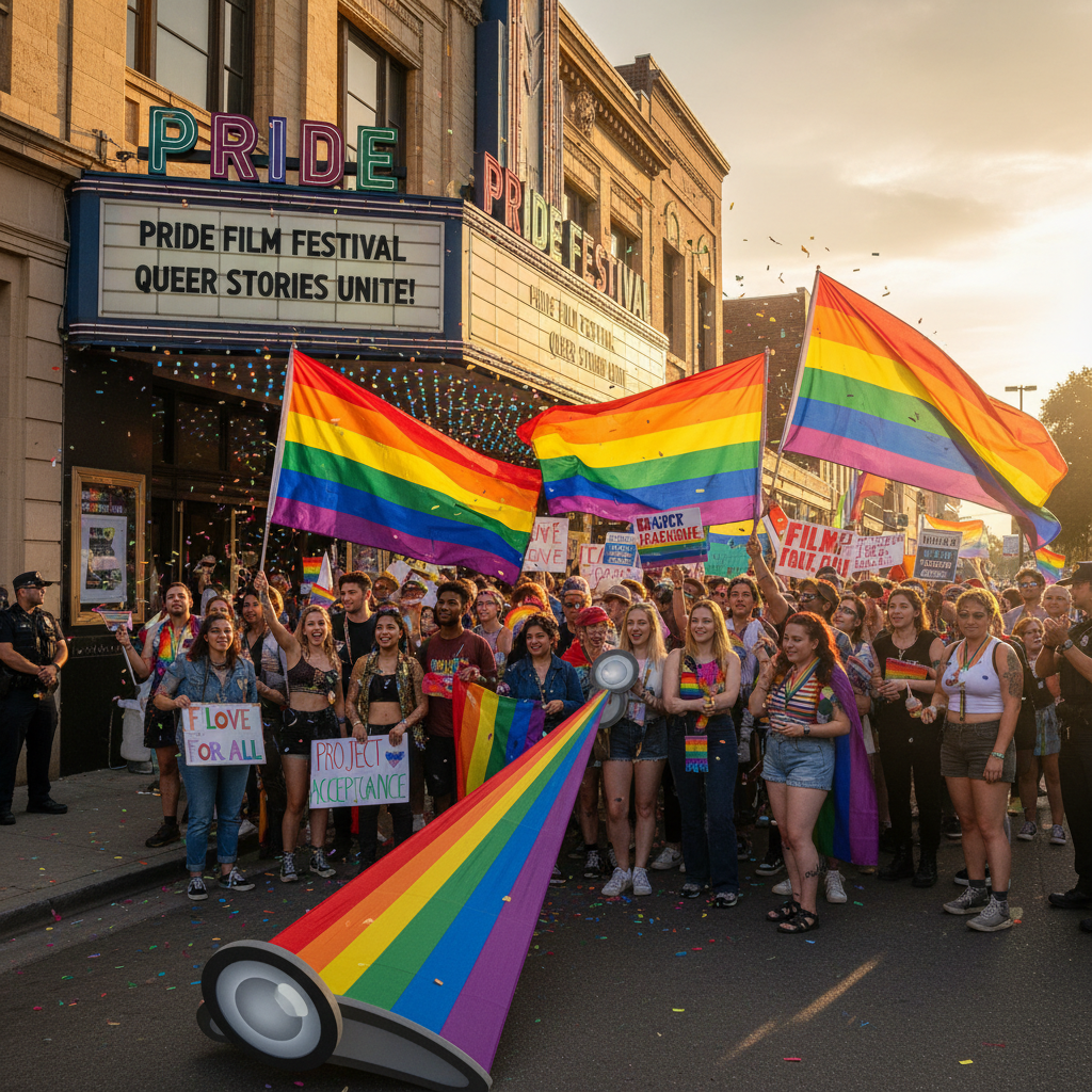 Queer film screening with rainbow flags